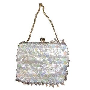 Vintage White Beaded and Sequin Kiss Lock Mini/Evening Bag with Gold Chain